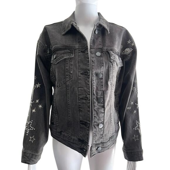 Driftwood Black Denim Jacket S Embroidered Studded Star Moon Constellation Boho - Picture 1 of 9